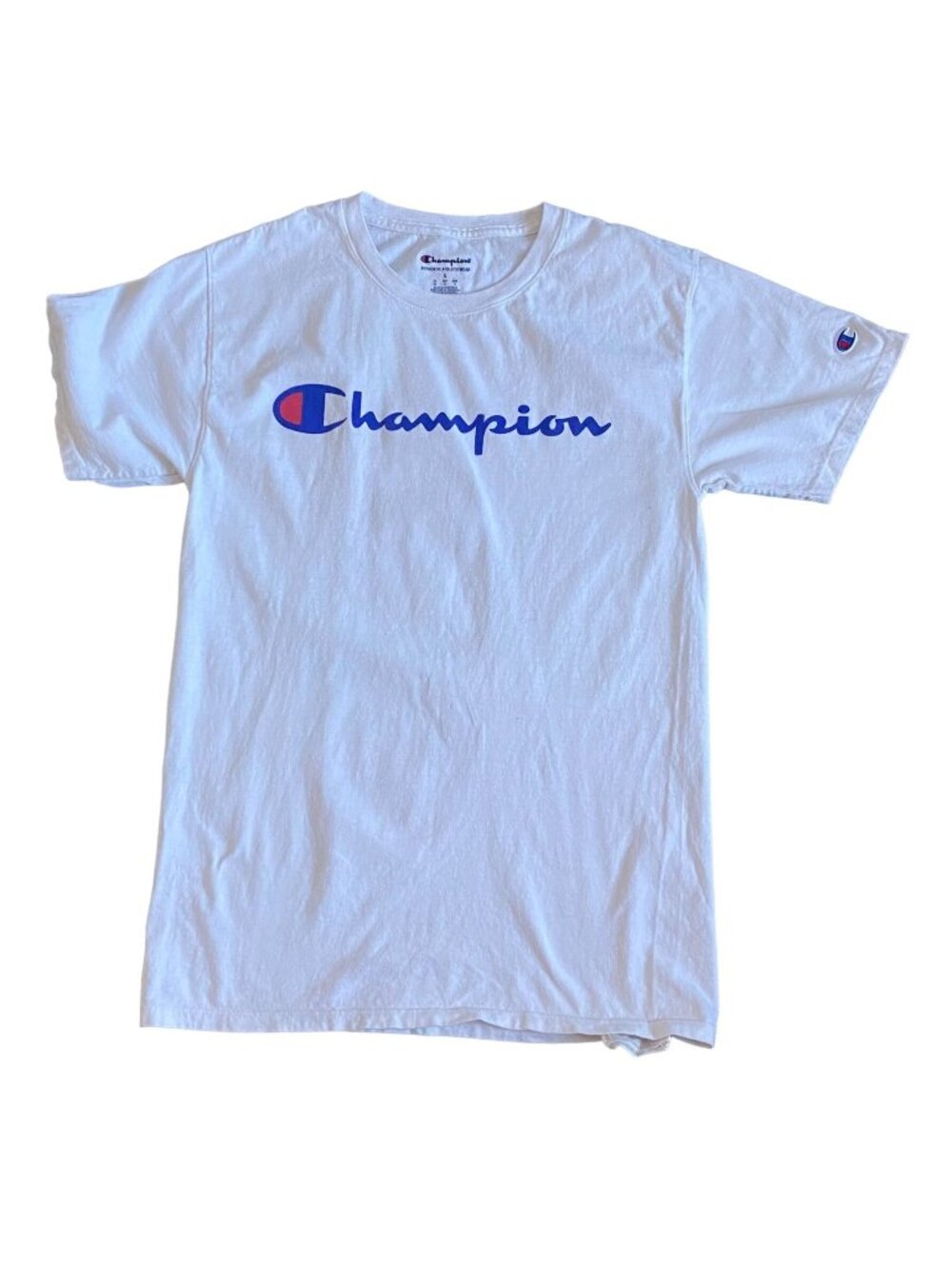 Champion Adult Short Sleeve Logo Shirt-White/Blue/Red-Size Small-GUC
